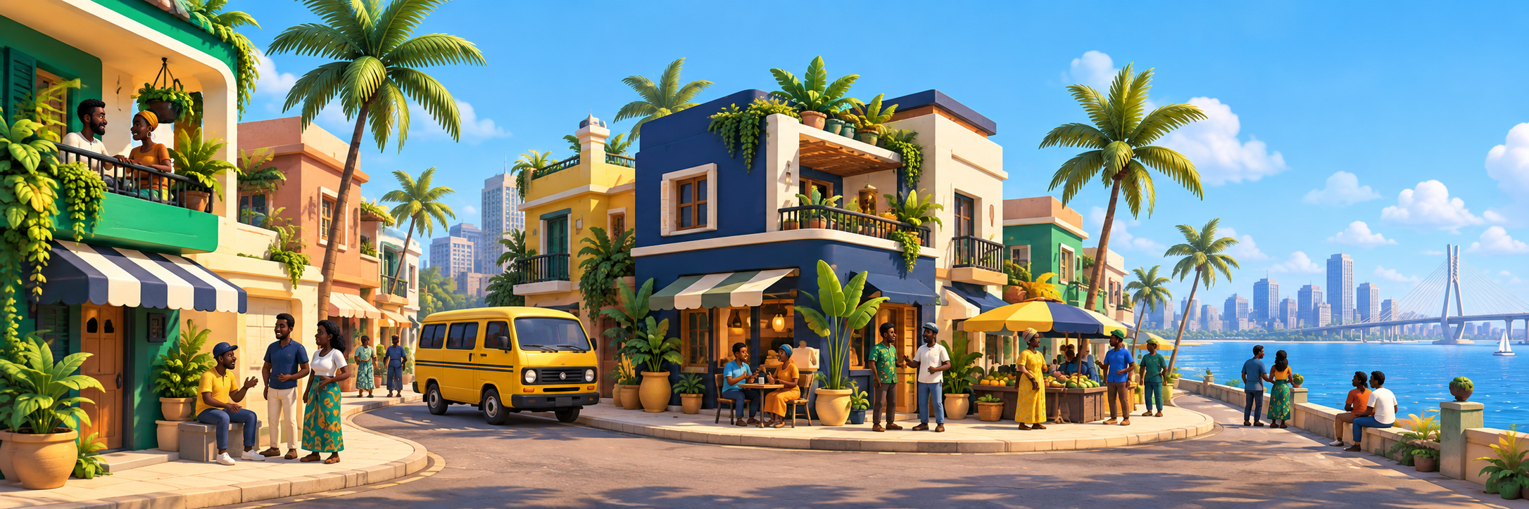 An original illustration of a Lagos-inspired neighborhood